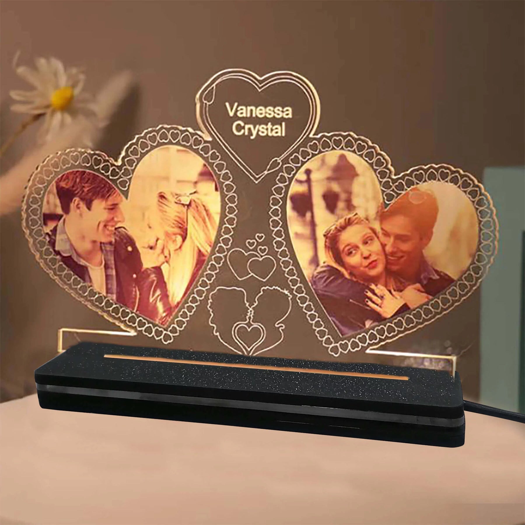 Customized Double Heart Photo Led Lamp With Name Gift For Couple