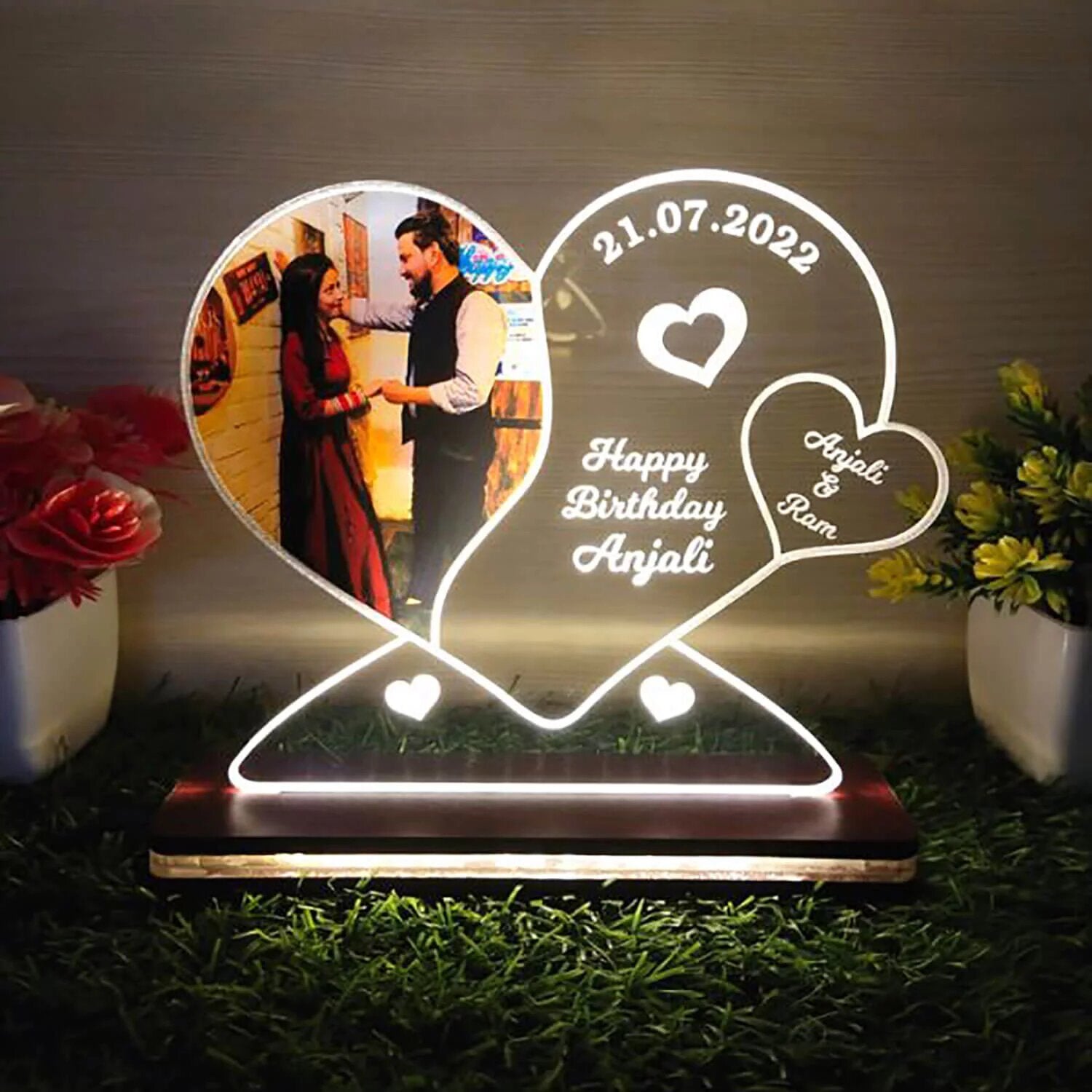 Personalized Happy Birthday Led Heart Photo Lamp With Wooden Stand Gift