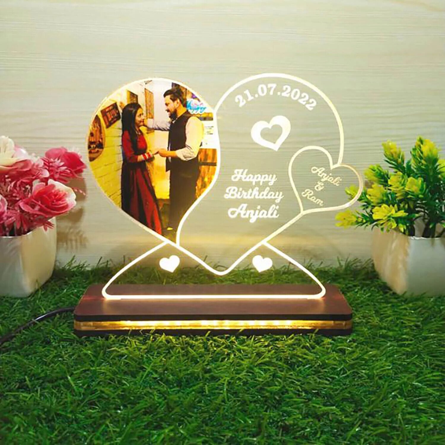 Personalized Happy Birthday Led Heart Photo Lamp With Wooden Stand Gift