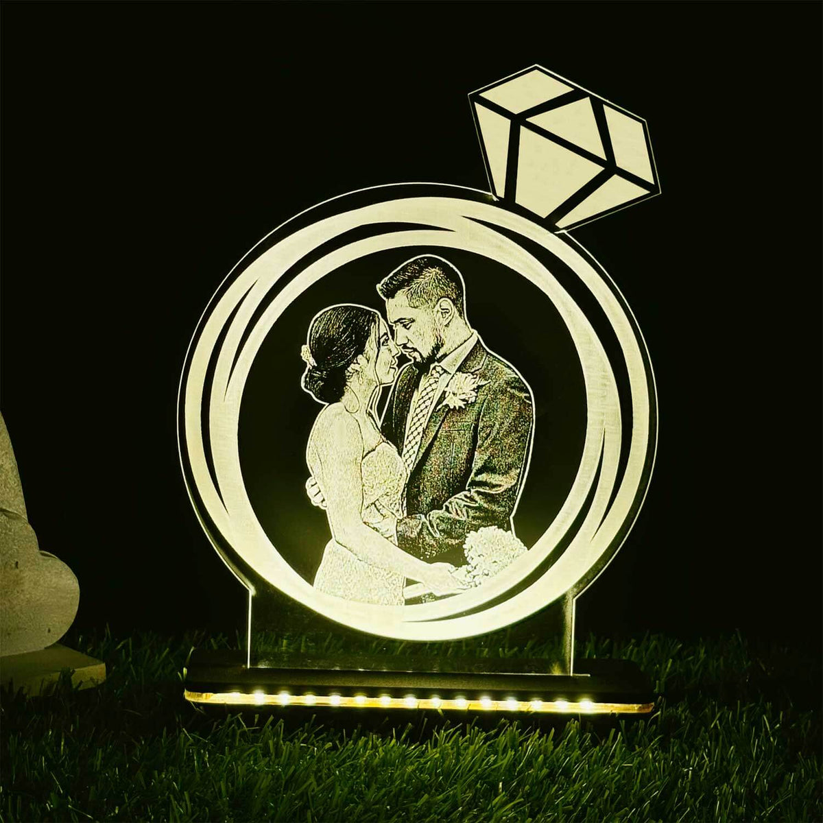 Personalized Led Diamond Ring Lamp With Wooden Stand Gift For Couple