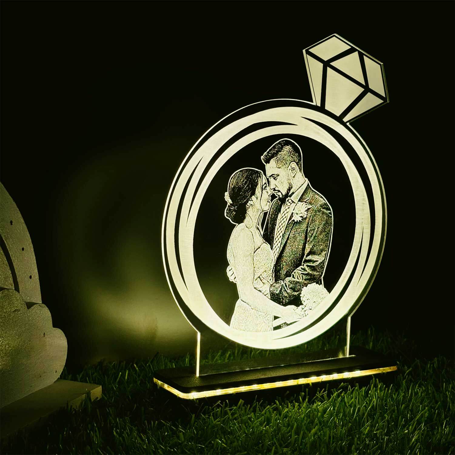 Personalized Led Diamond Ring Lamp With Wooden Stand Gift For Couple