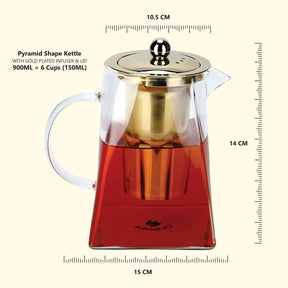 Pyramid Shaped Borosilicate Glass Kettle With Gold Plated Infuser And Lid - 900 ML