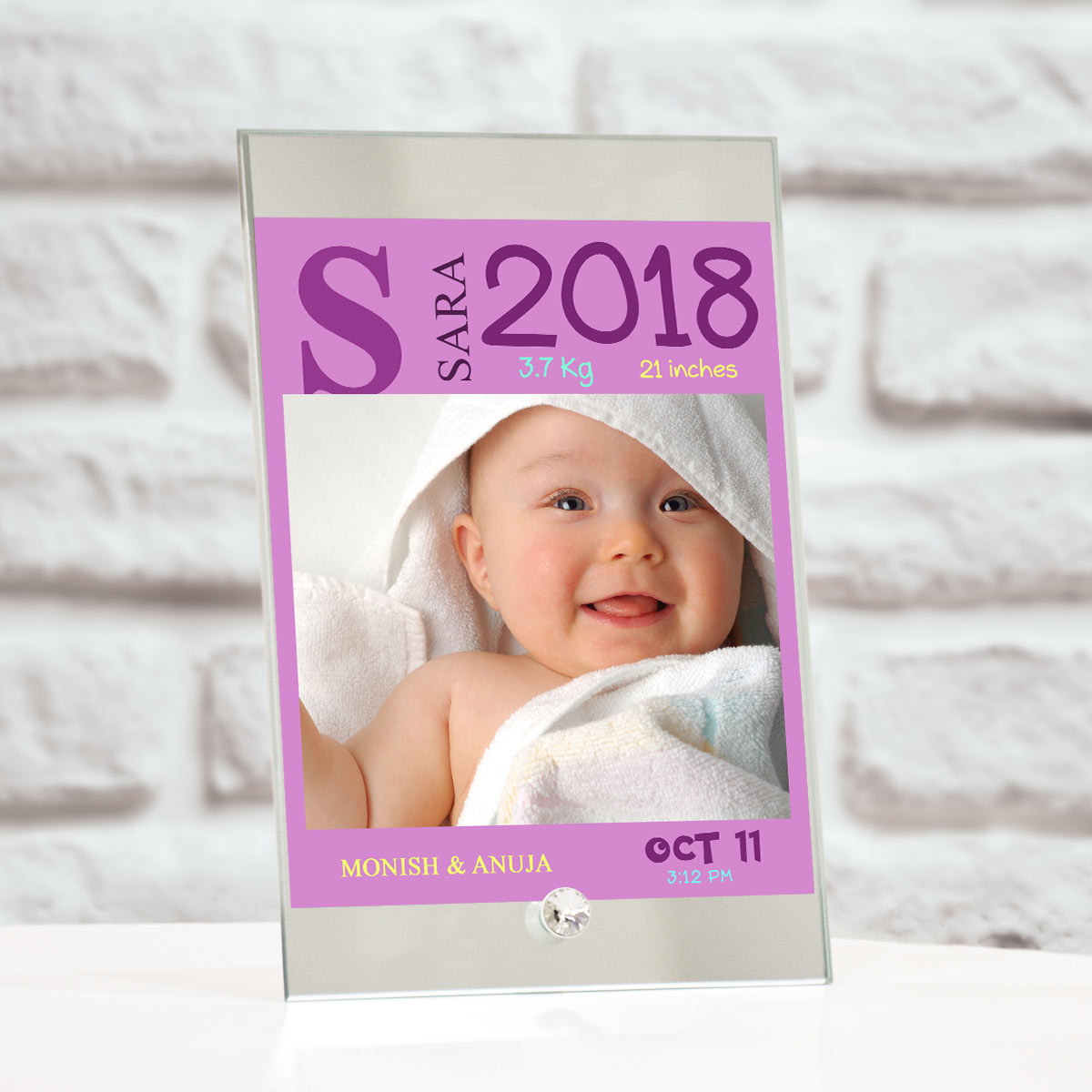 Personalised Baby Girl Birth Details Glass Frame