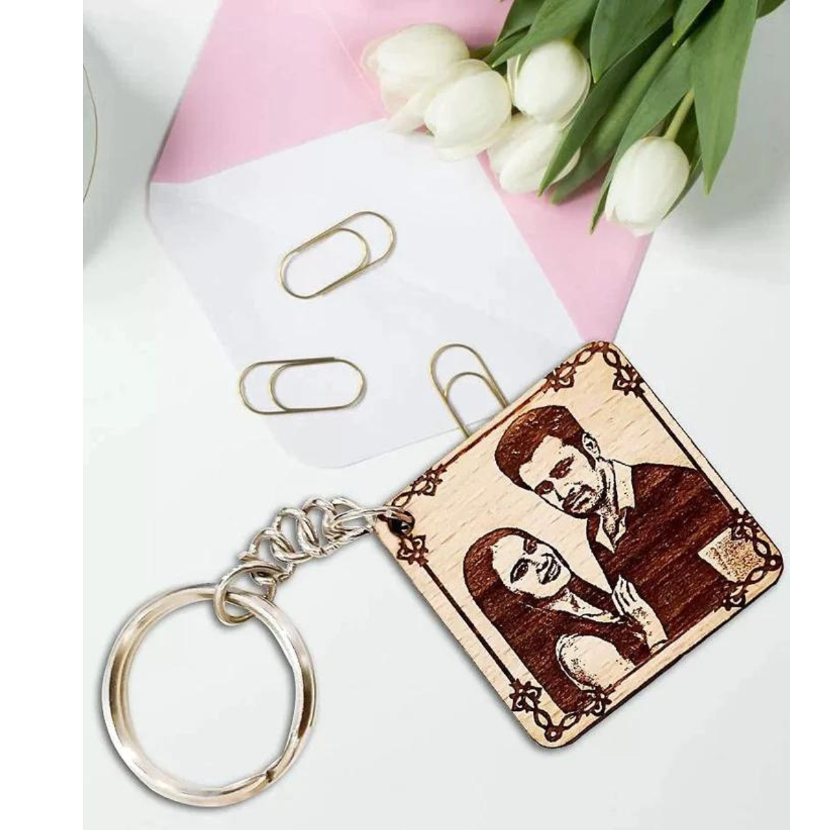 Wooden Engraved Personalized Photo Keychain