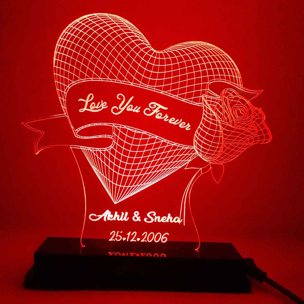 Personalised Rose Heart 3D illusion LED lamp