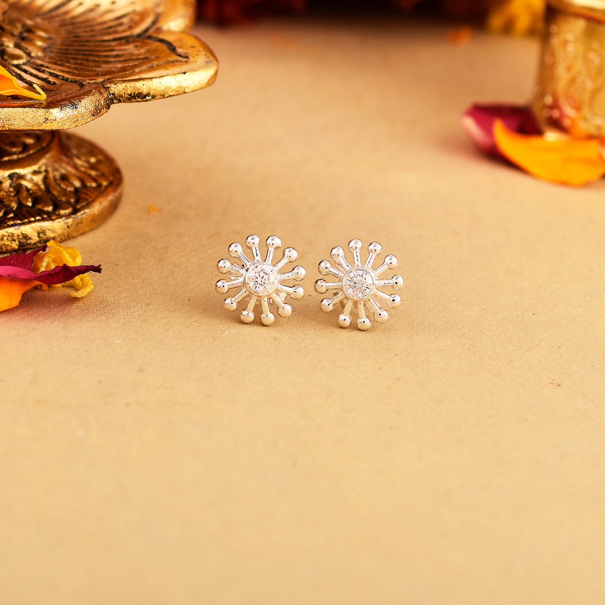 Dandelion Stud Earrings with Silver Ring Set