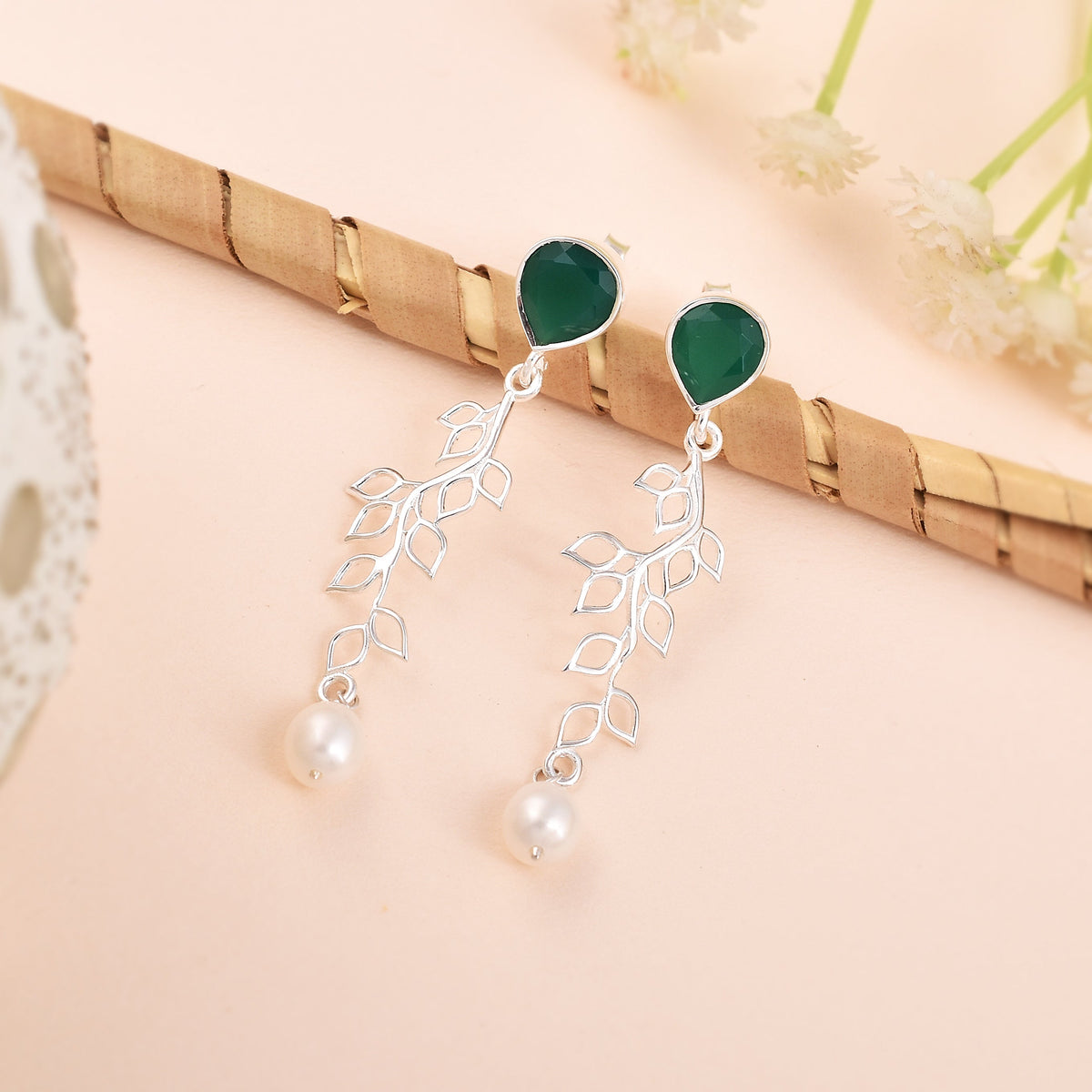 925 Silver Green Foliage Dangling Earrings-1