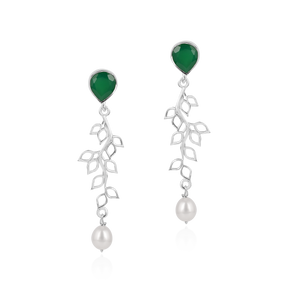 925 Silver Green Foliage Dangling Earrings