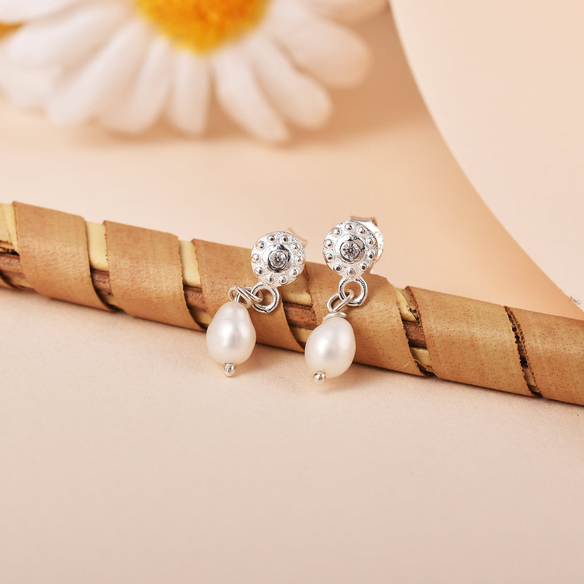Tiny Flower Pearl Drop 925 Silver Stud Earrings-1