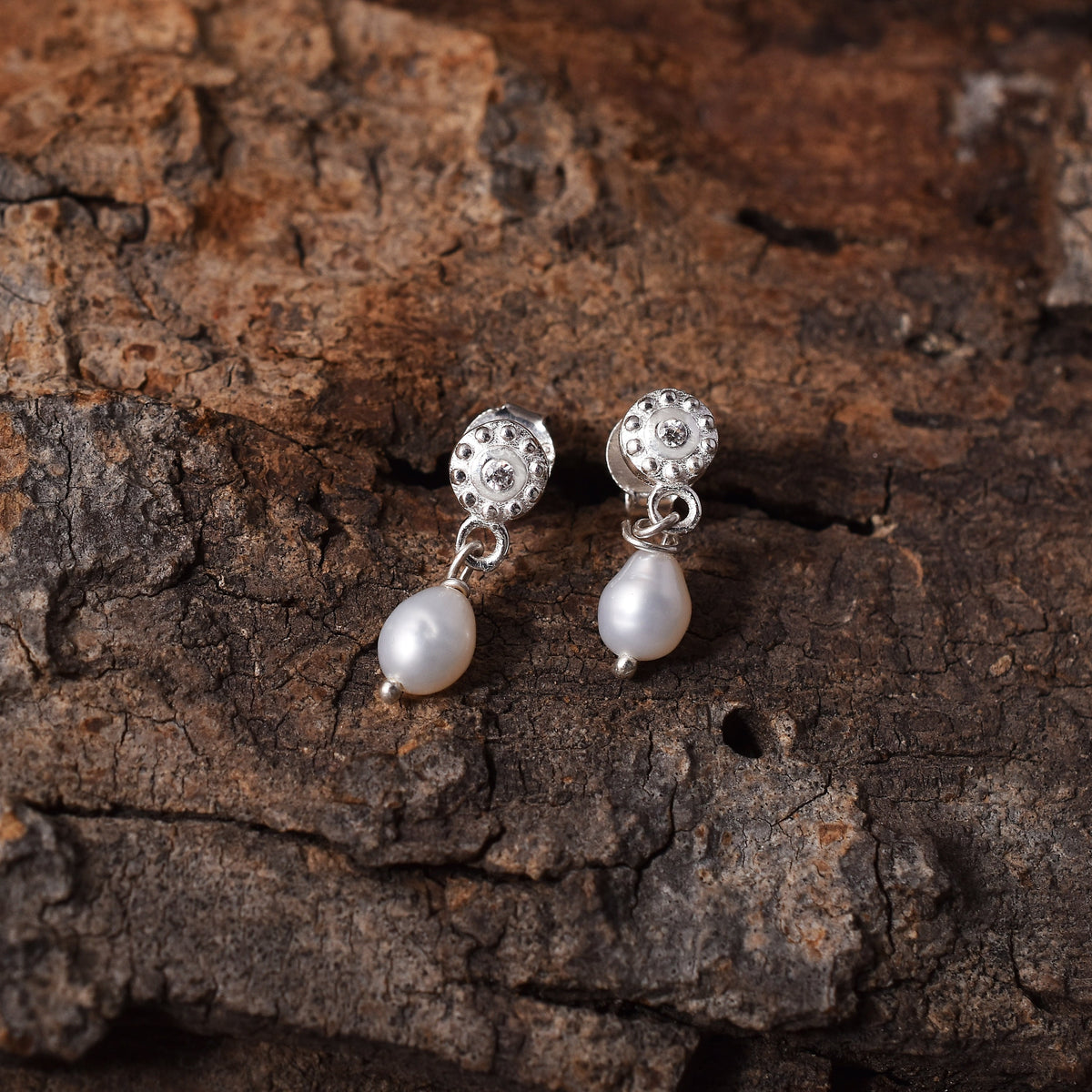Tiny Flower Pearl Drop 925 Silver Stud Earrings-2