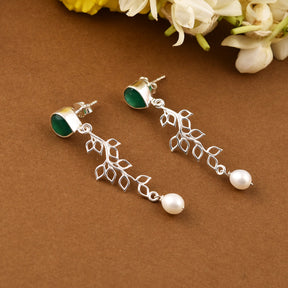 925 Silver Green Foliage Dangling Earrings