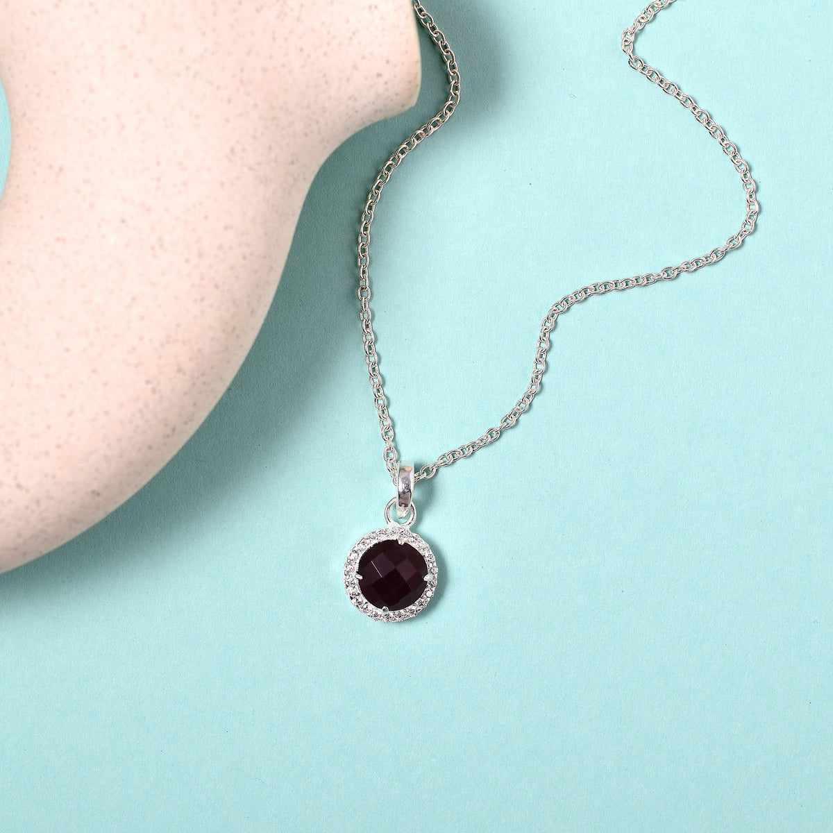 925 Sterling Silver Red Garnet Ball Pendant with Chain Gift for Her