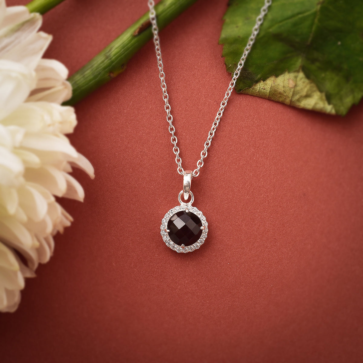 925 Sterling Silver Red Garnet Ball Pendant with Chain Gift for Her