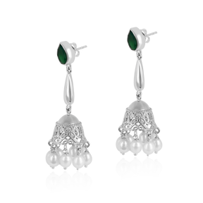 Green Onyx Pearl Silver Jhumka Earrings