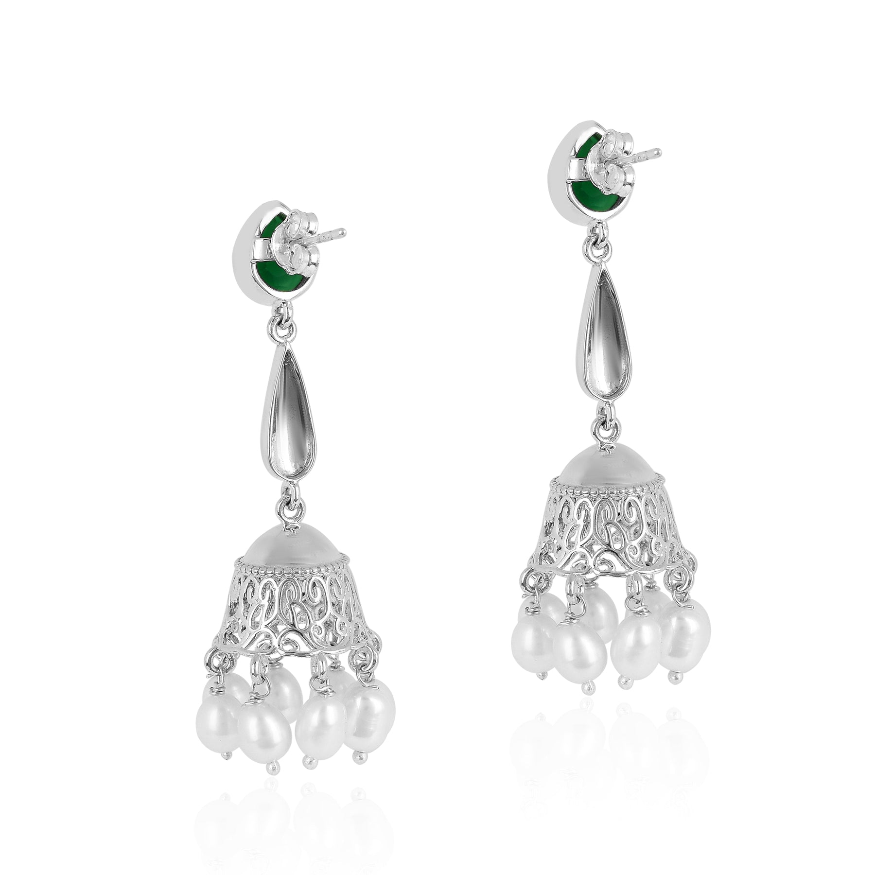 Green Onyx Pearl Silver Jhumka Earrings