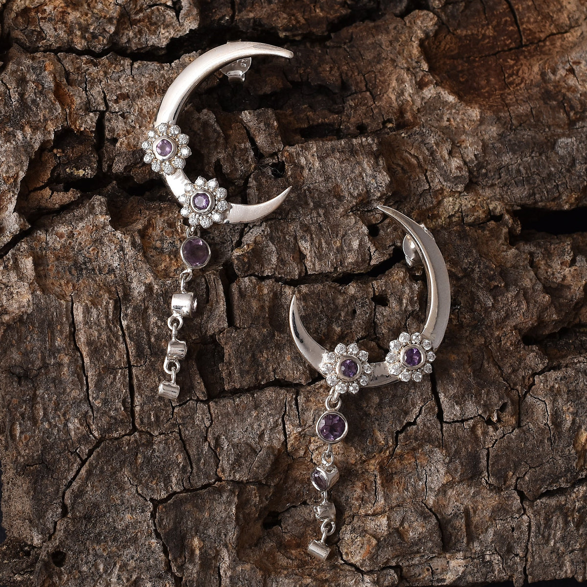 Amethyst Moon Flower Chandbali Silver Earrings-2