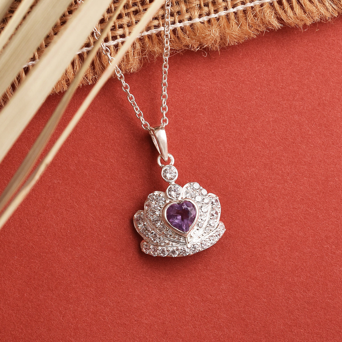 925 Sterling Silver Amethyst Queens Crown Pendant with Chain Gift for Her
