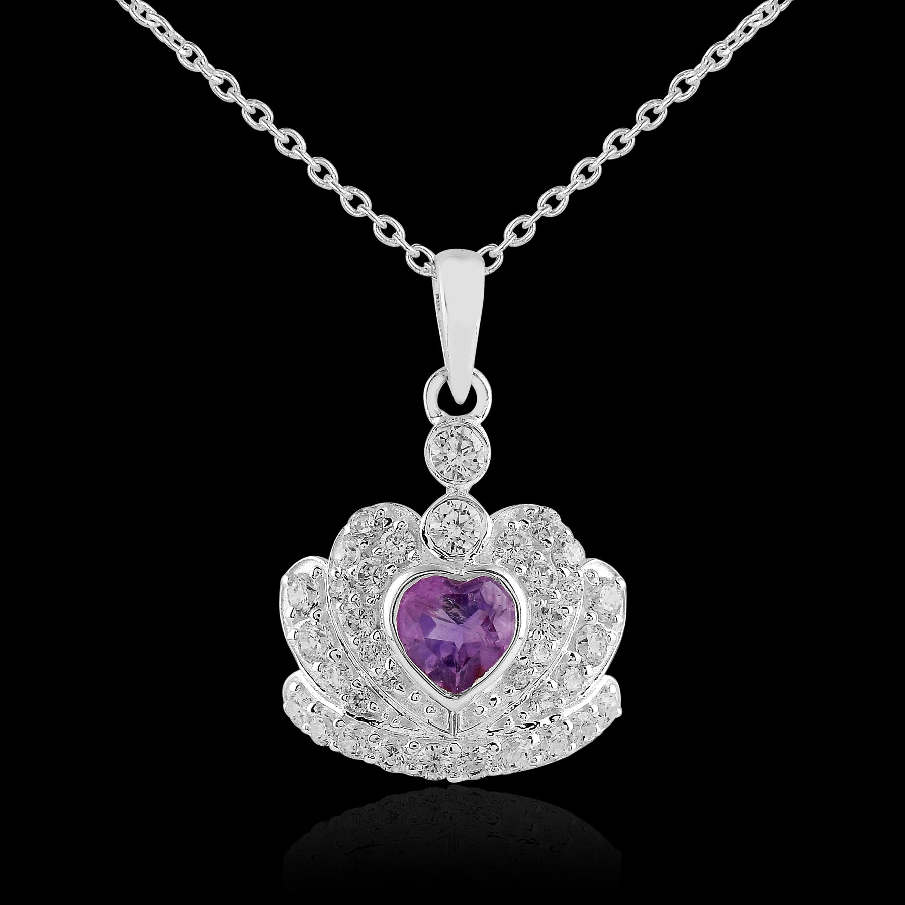 925 Sterling Silver Amethyst Queens Crown Pendant with Chain Gift for Her