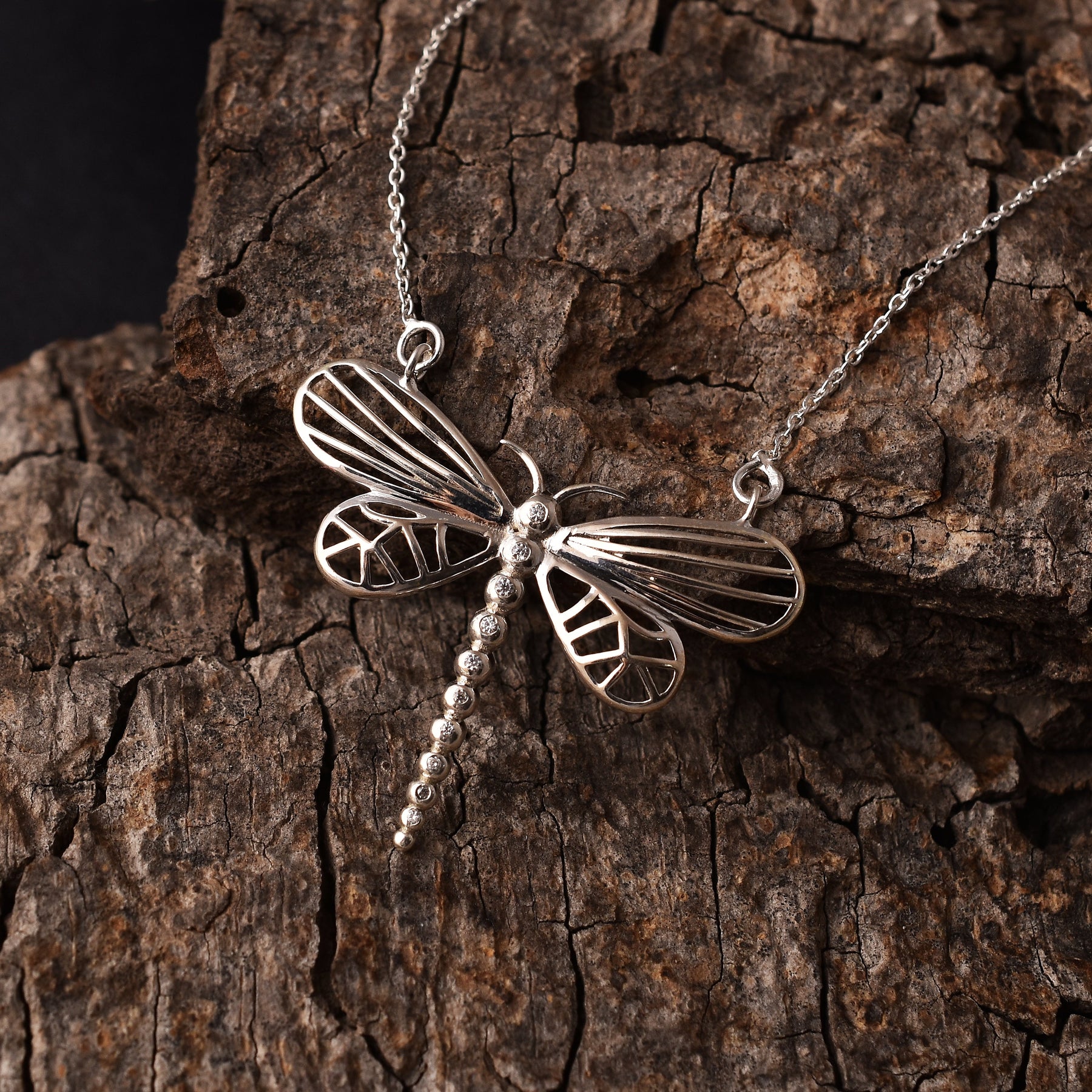Cubic Zirconia Dragonfly Silver Pendant Chain