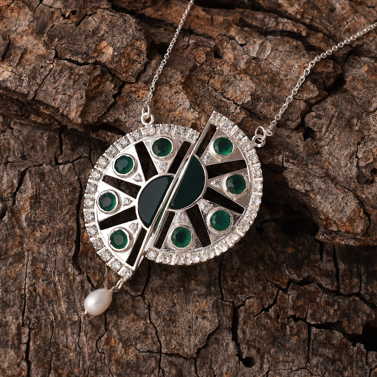 Green Onyx Wheel Silver Pendant Chain-2