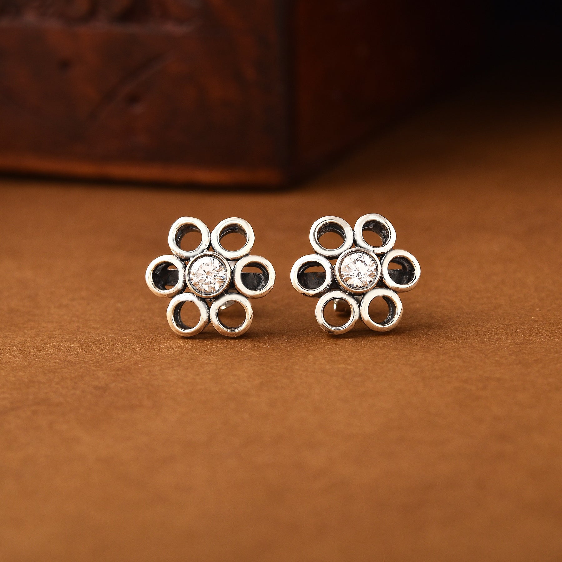 Silver Oxidized Sunflower Pendant With Stud Earrings