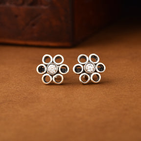 Silver Oxidized Sunflower Pendant With Stud Earrings