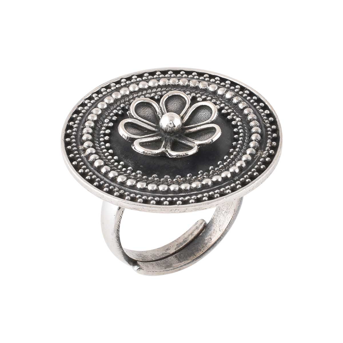 Floral Mandala Oxidised Silver Ring-2