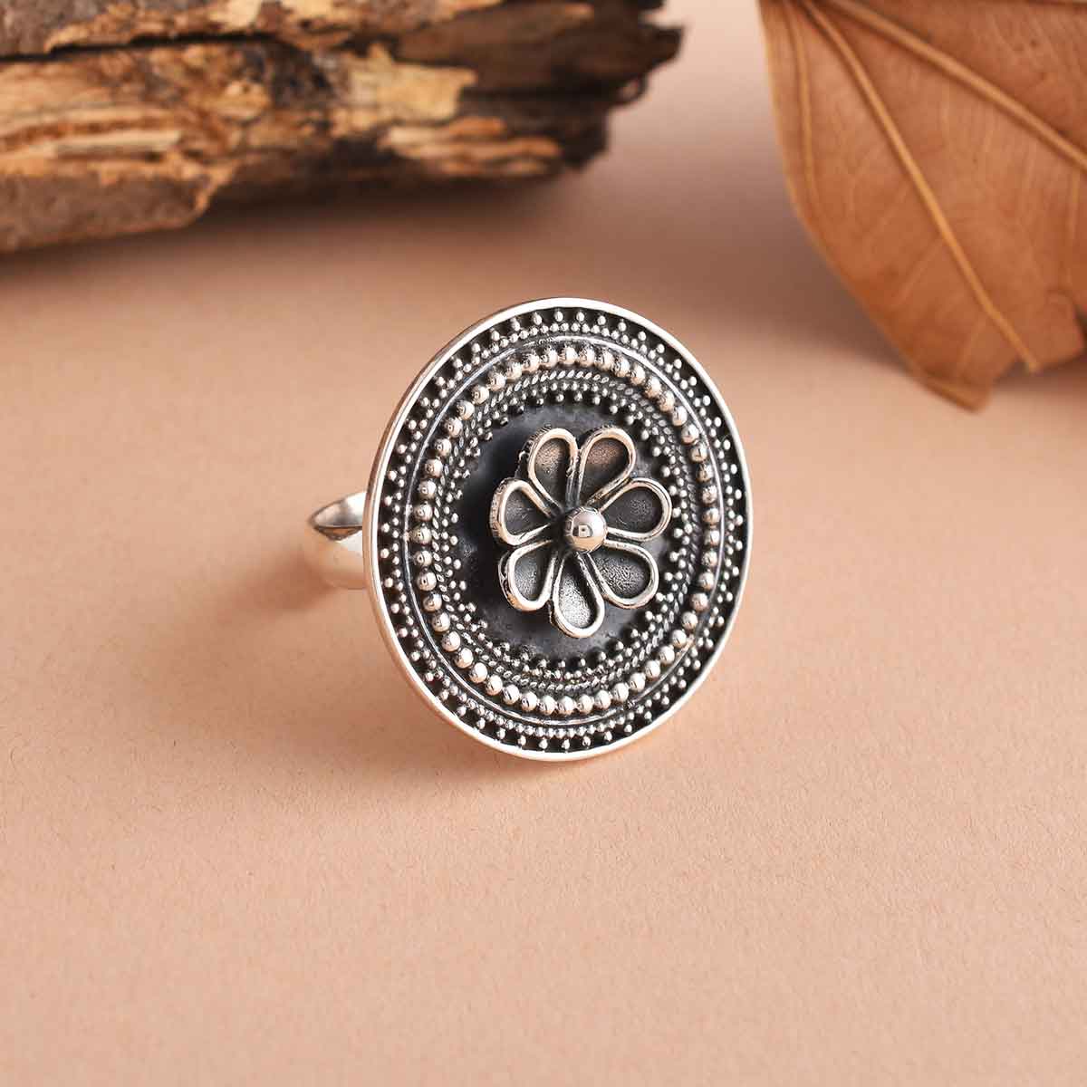 Floral Mandala Oxidised Silver Ring-1