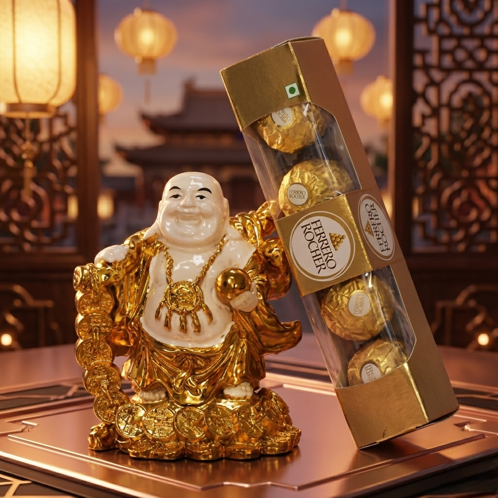 Lucky Laughing Buddha with Ferrero Rocher Chocolates – Resin Figurine Gift Combo
