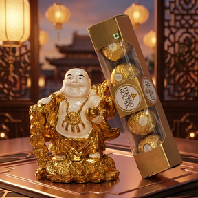 Lucky Laughing Buddha with Ferrero Rocher Chocolates – Resin Figurine Gift Combo