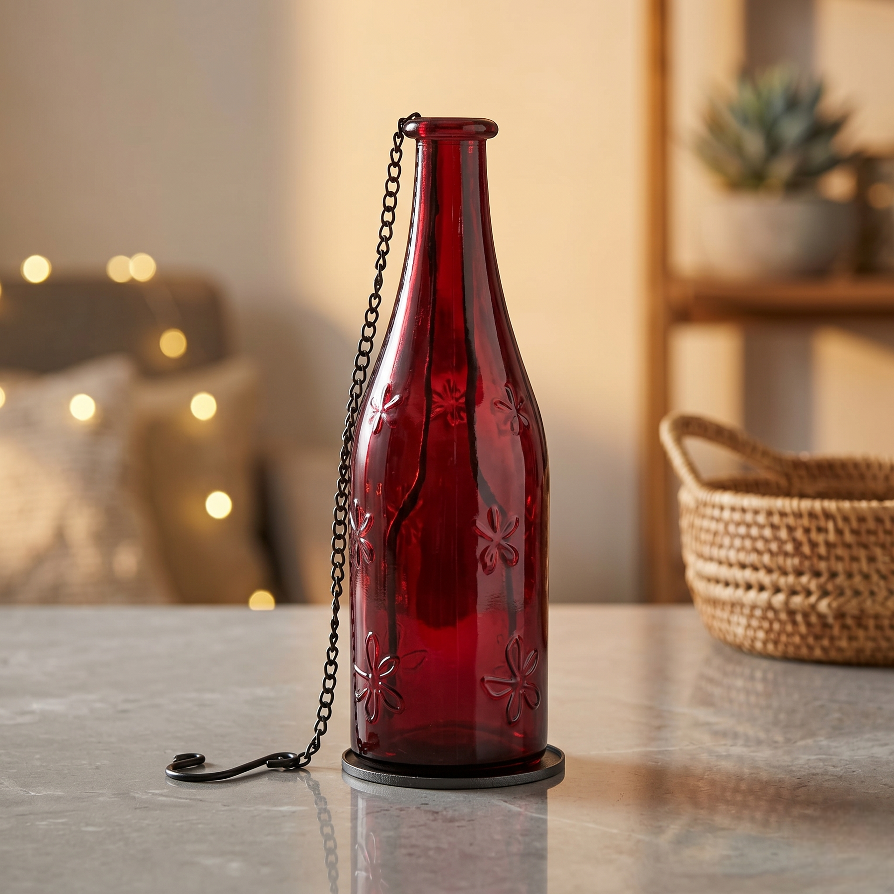 Red Glass Hanging Bottle Lantern with Chain Hook