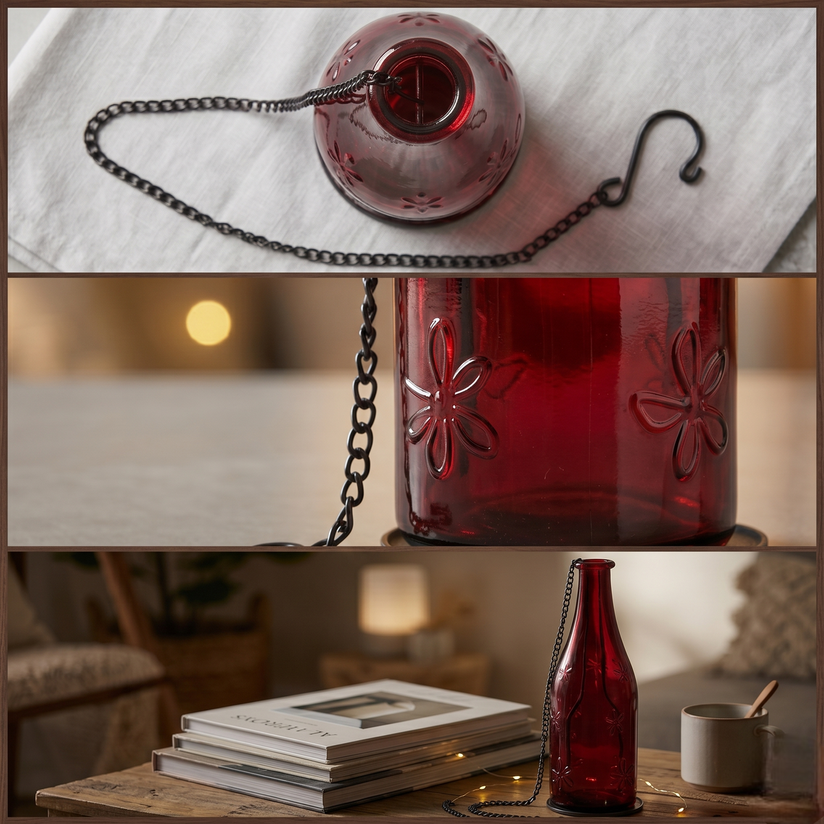 Red Glass Hanging Bottle Lantern with Chain Hook