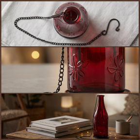 Red Glass Hanging Bottle Lantern with Chain Hook