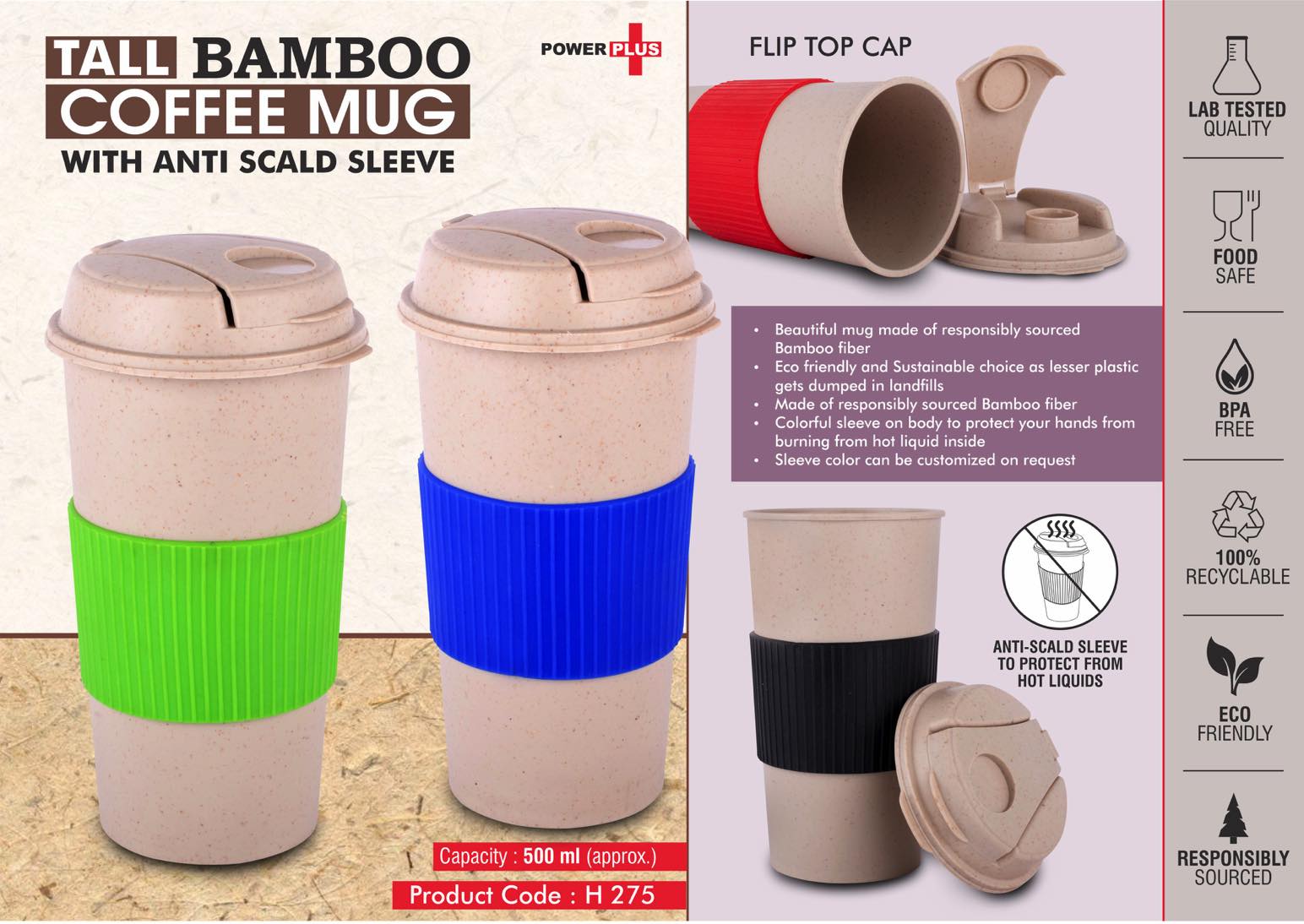 Tall Bamboo Coffee Mug Eco-Friendly Flip Lid Anti-Scald Sleeve 500ml
