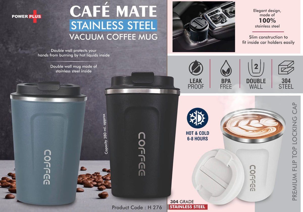 Tall Bamboo Coffee Mug Cafe Mate Stainless Steel Vacuum Mug Flip Lock 380ml