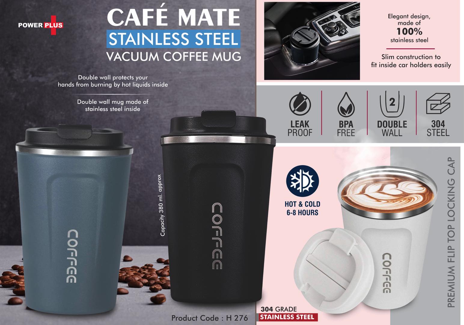 Tall Bamboo Coffee Mug Cafe Mate Stainless Steel Vacuum Mug Flip Lock 380ml