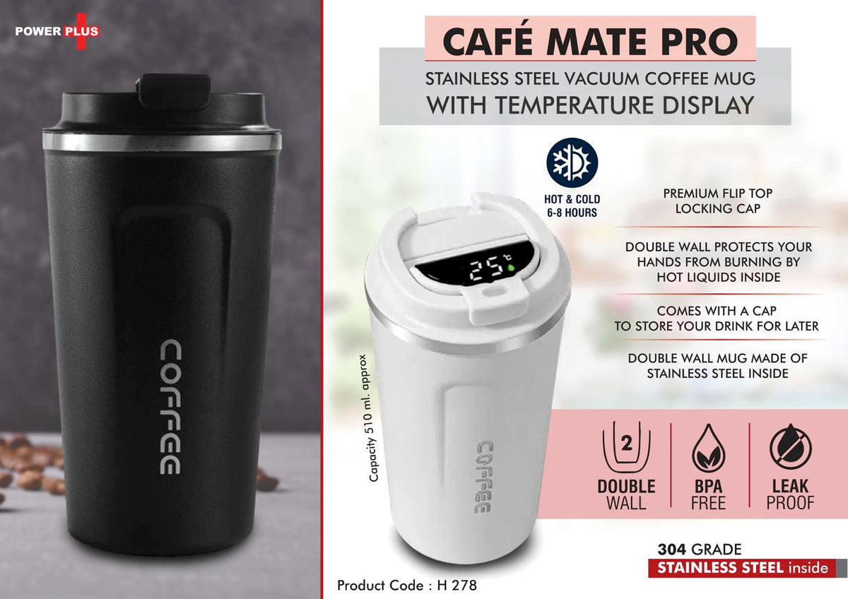 Tall Bamboo Coffee Mug: Cafe Mate Stainless Steel Vacuum Mug with Temp Display v2