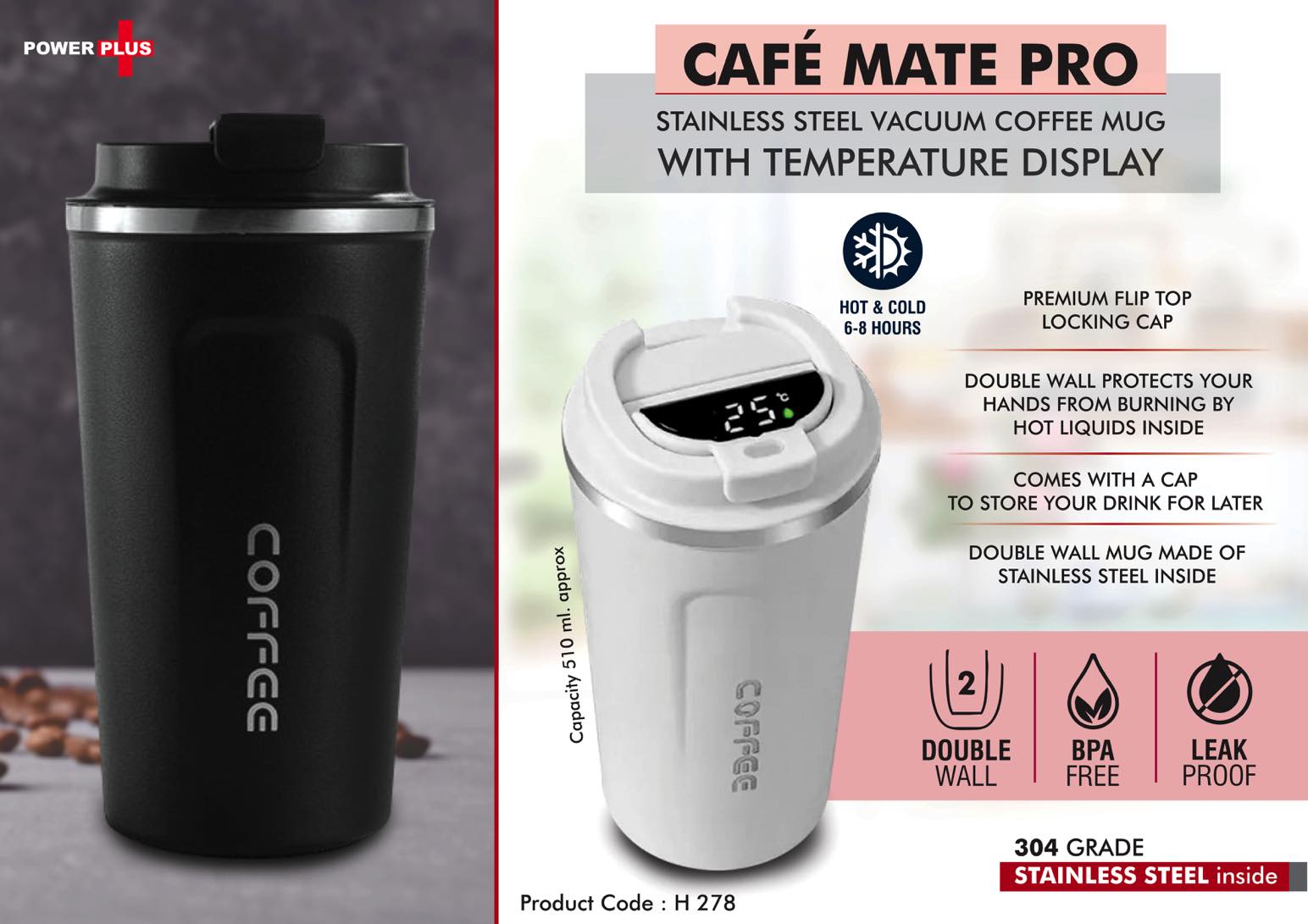 Tall Bamboo Coffee Mug: Cafe Mate Stainless Steel Vacuum Mug with Temp Display v2