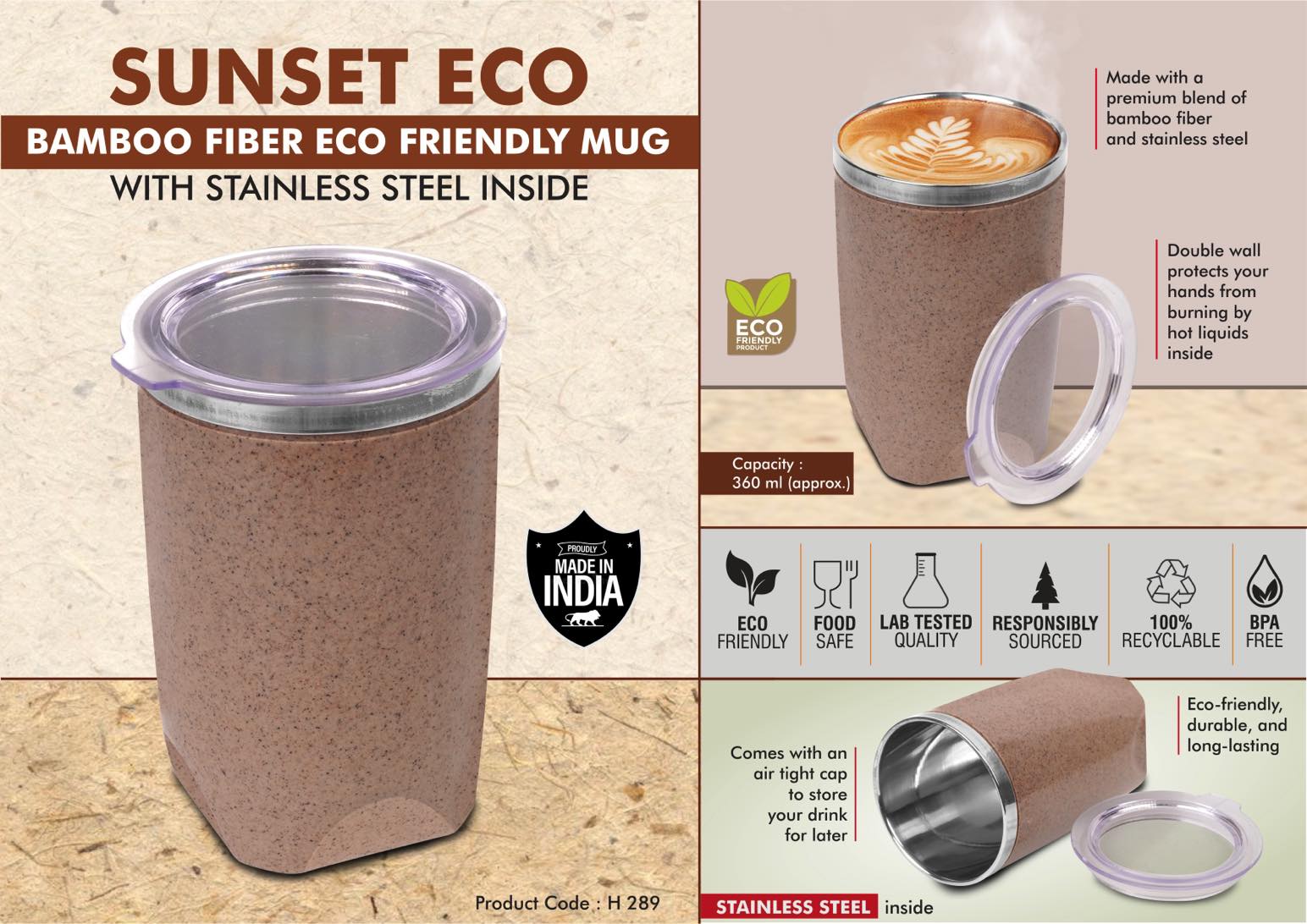 Tall Bamboo Coffee Mug – Sunset Eco Steel Inside | Leakproof, BPA-Free, 360 ml