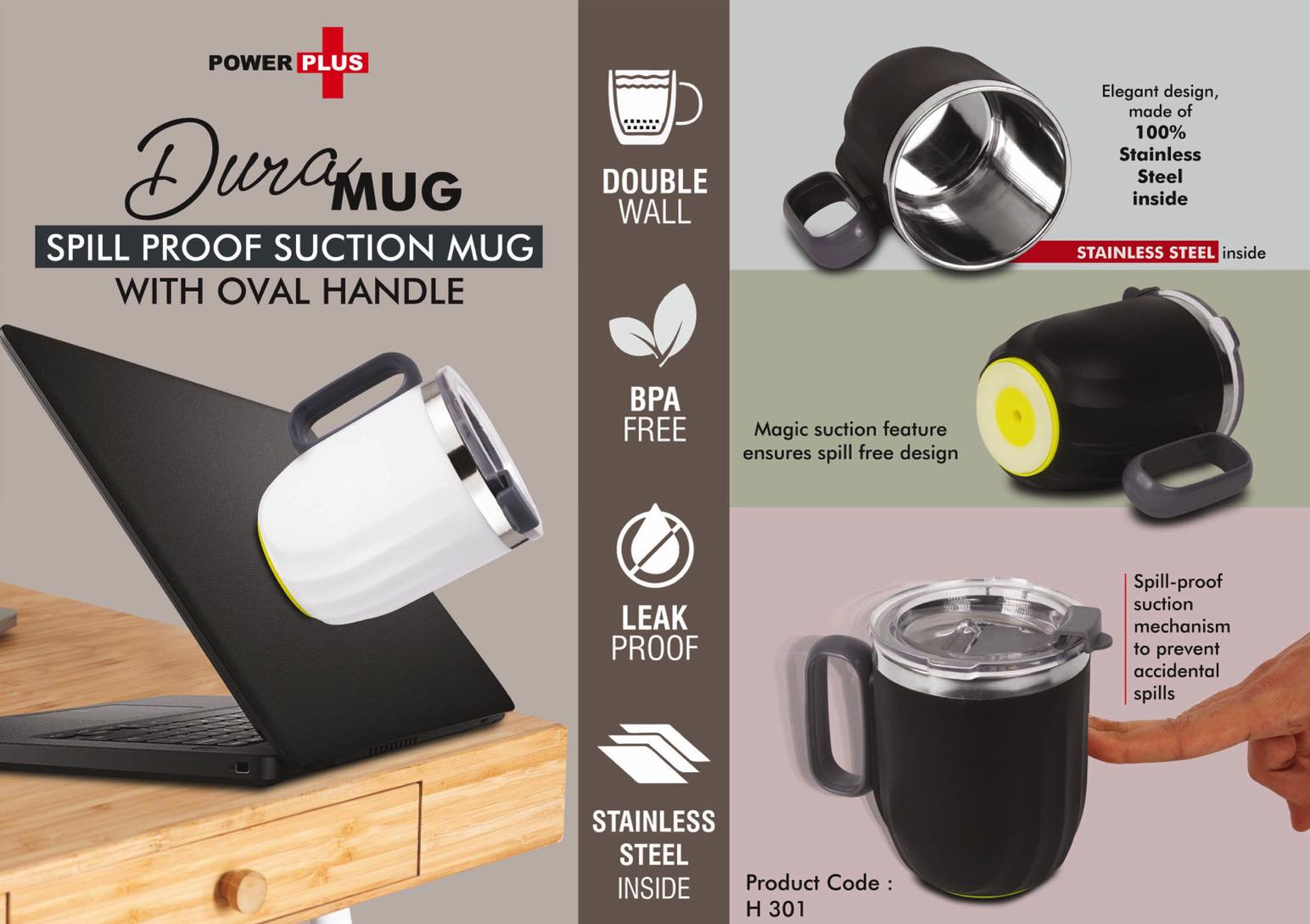 Tall Bamboo Coffee Mug DuraMug Spill Proof Suction Oval Handle 350ml Approx