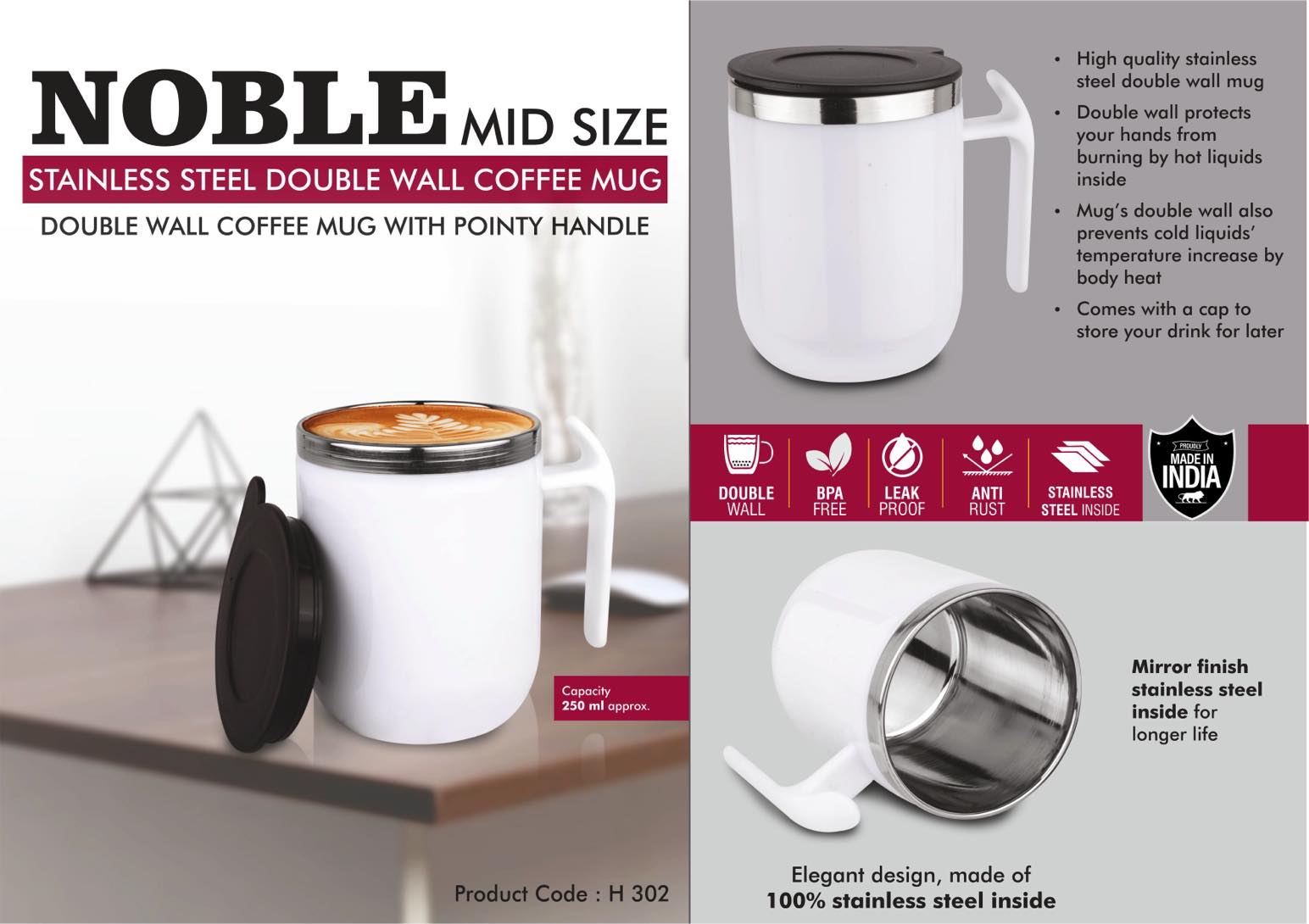 Tall Bamboo Coffee Mug DuraMug Noble Mid Size Steel Double Wall 250ml Leak Proof