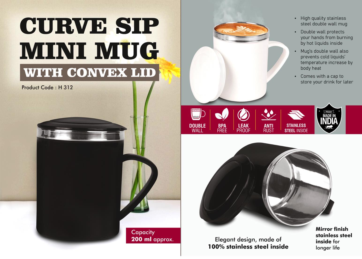 CurveSip Mini Steel Mug with Convex Lid, 200ml Capacity