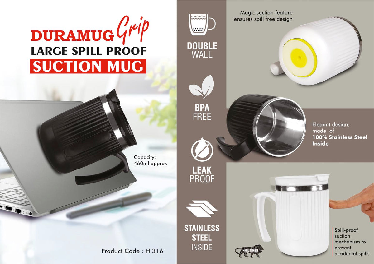 DuraMug Grip Spill-Proof Suction Steel Mug Flip Lid 460ml SS Inside