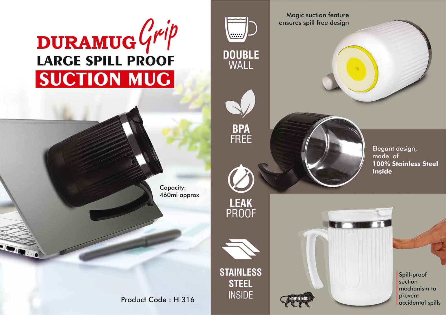 DuraMug Grip Spill-Proof Suction Steel Mug Flip Lid 460ml SS Inside