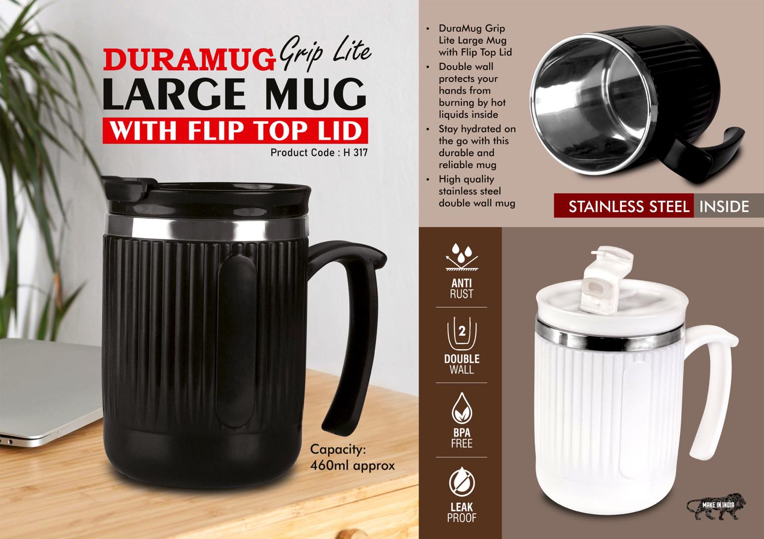 DuraMug Grip Lite Steel Mug with Flip Top Lid | 460ml Capacity
