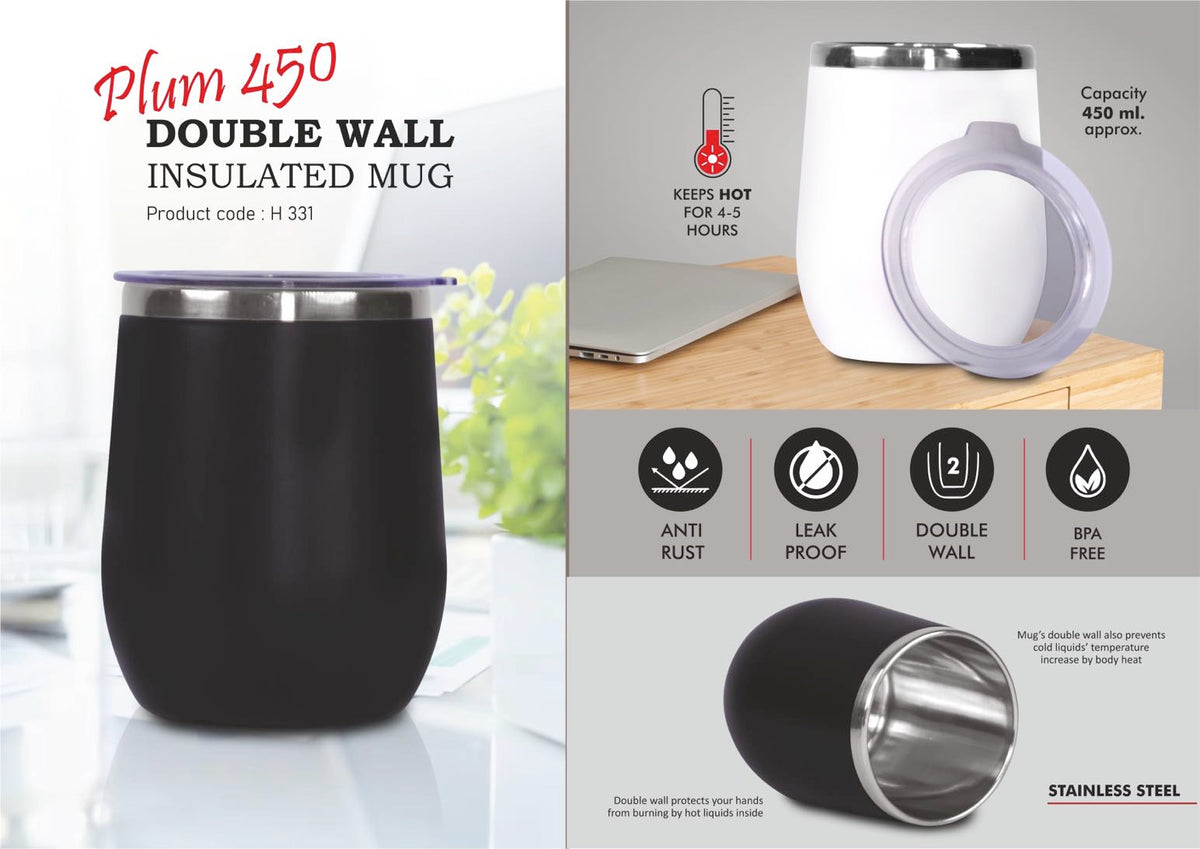 Plum 450 Double Wall Insulated Mug | Keeps Hot 4-5 Hrs | 450ml Capacity