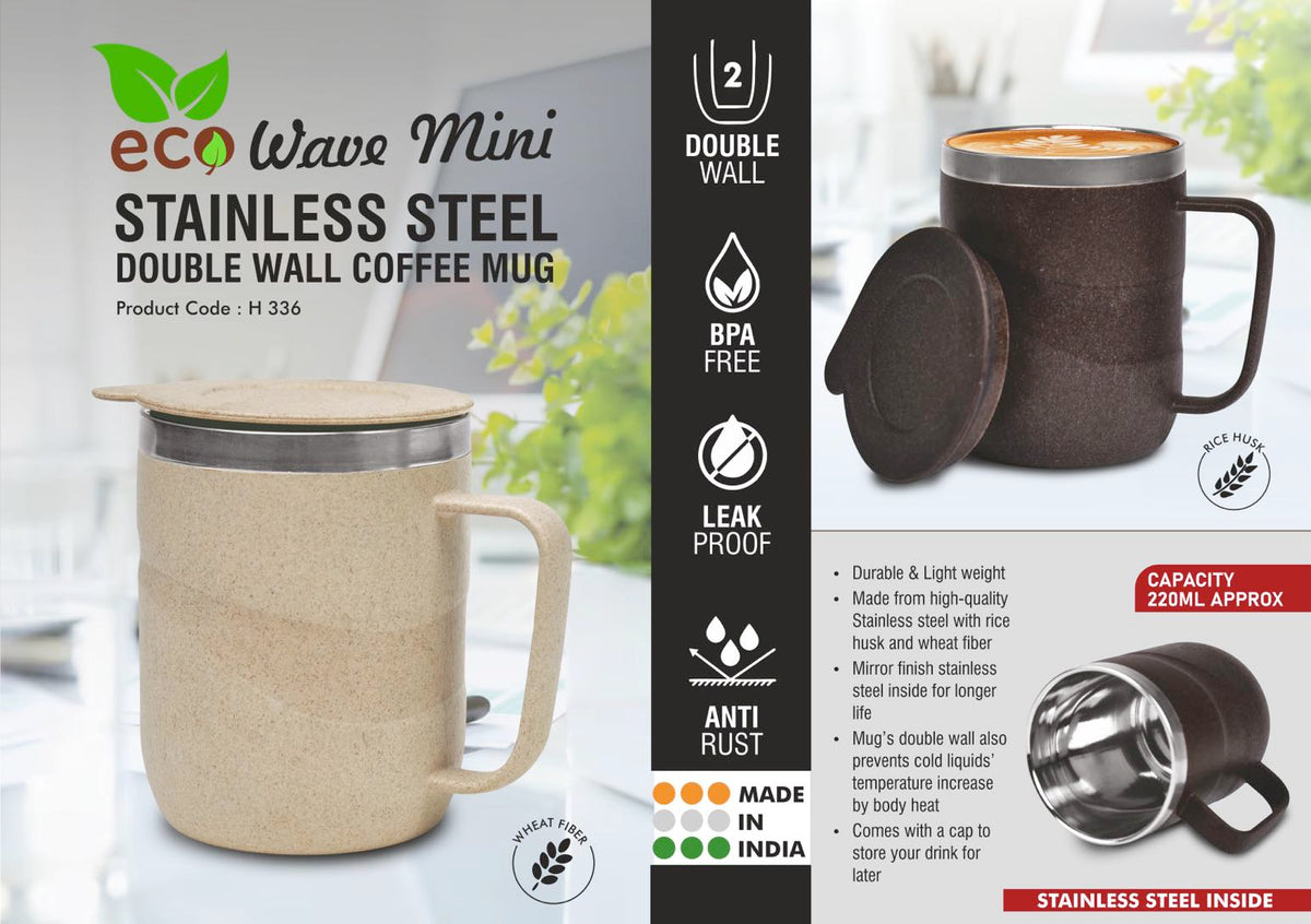EcoWave Mini Eco Friendly Double Wall Steel Coffee Mug Leak Proof 220ml Husk Body