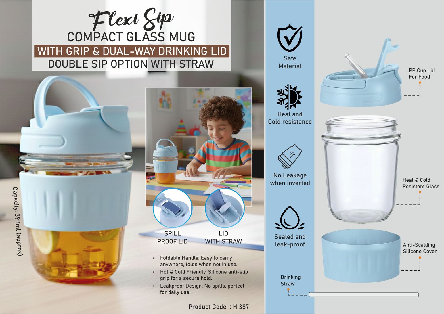 FlexiSip Compact Glass Mug with Grip and Dual Way Drinking Lid Leak Proof Design