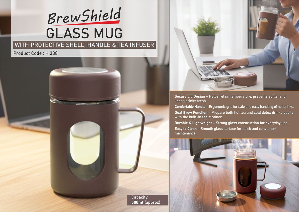 BrewShield Glass Mug with Protective Shell, Handle & Tea Infuser 500ml