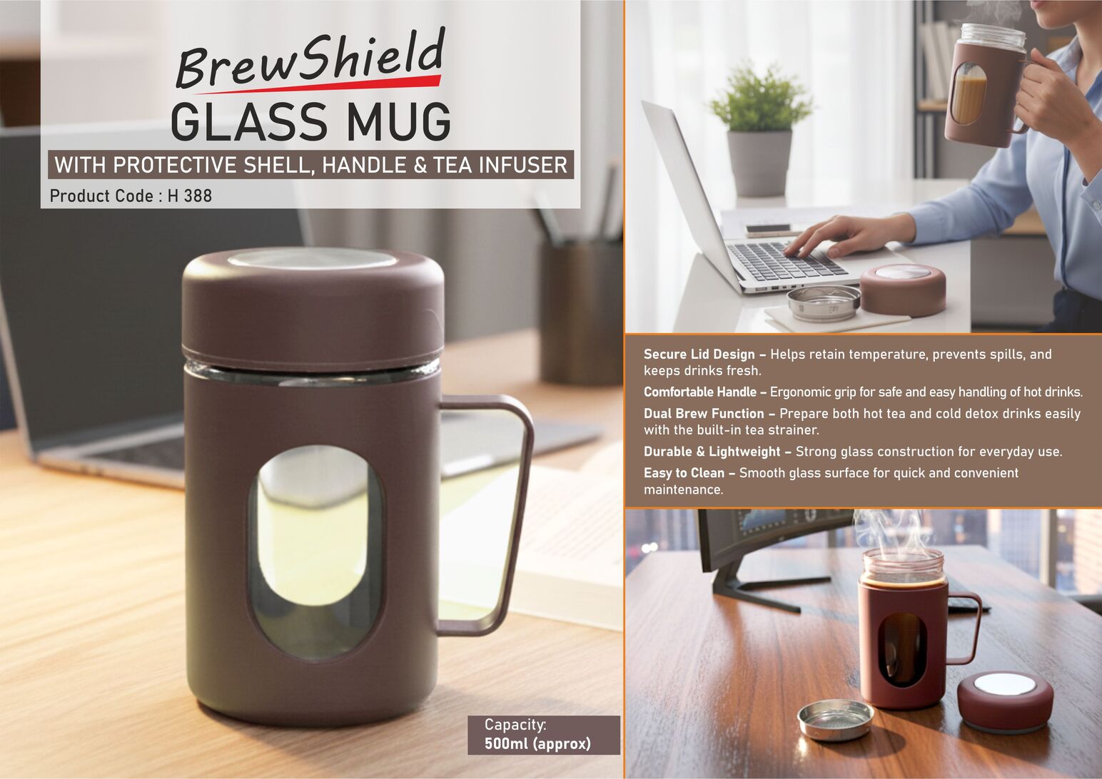 BrewShield Glass Mug with Protective Shell, Handle & Tea Infuser 500ml